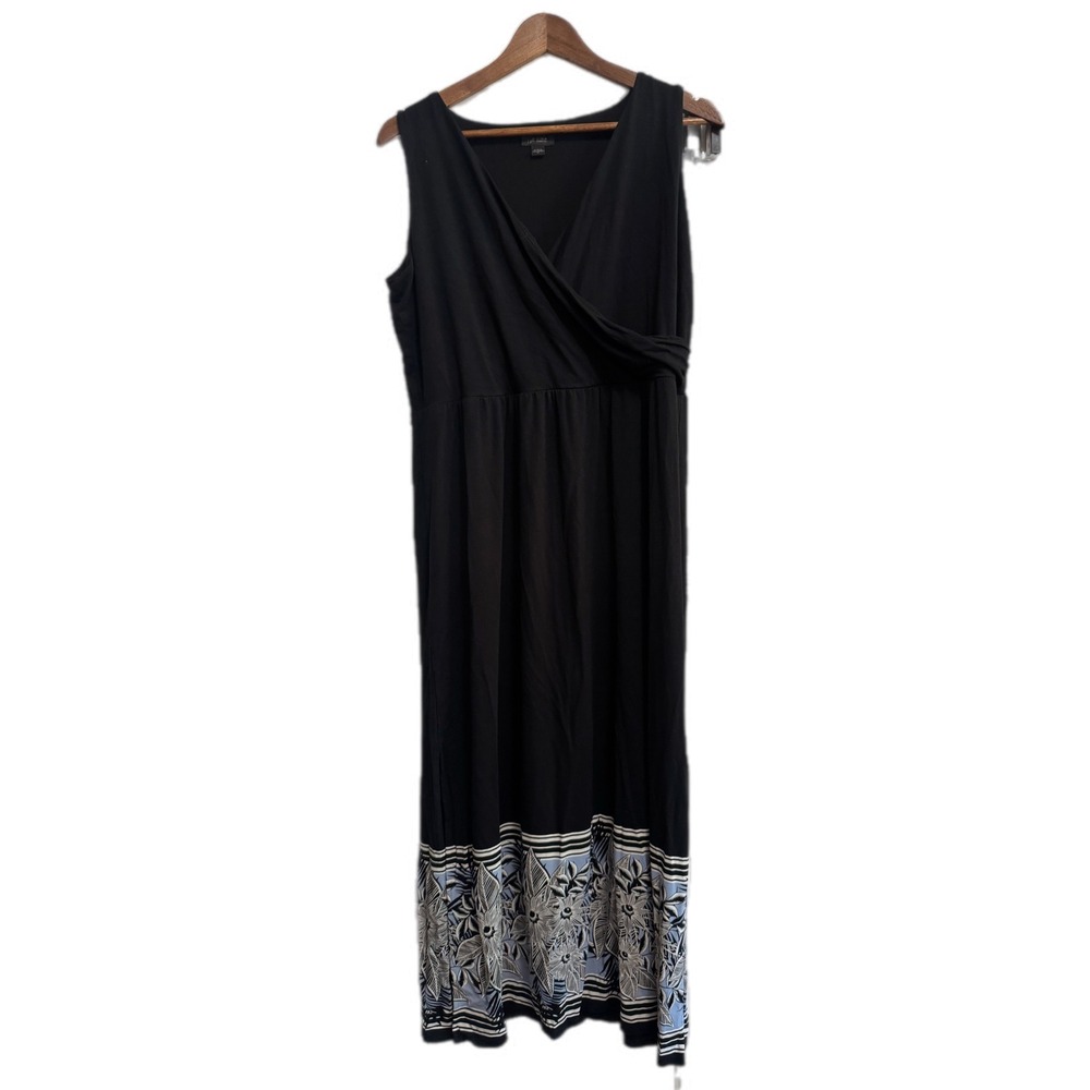 J. Jill Maxi Dress Womens Medium Black‎ Blue Excellent Floral Faux Wrap Wearever